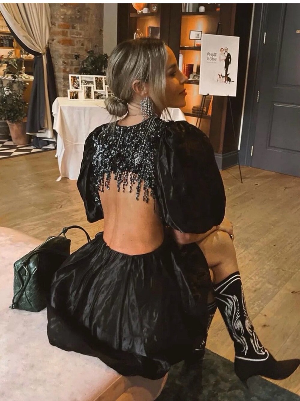 Aje Black Sequin-Back Puff-Sleeve Mini Dress